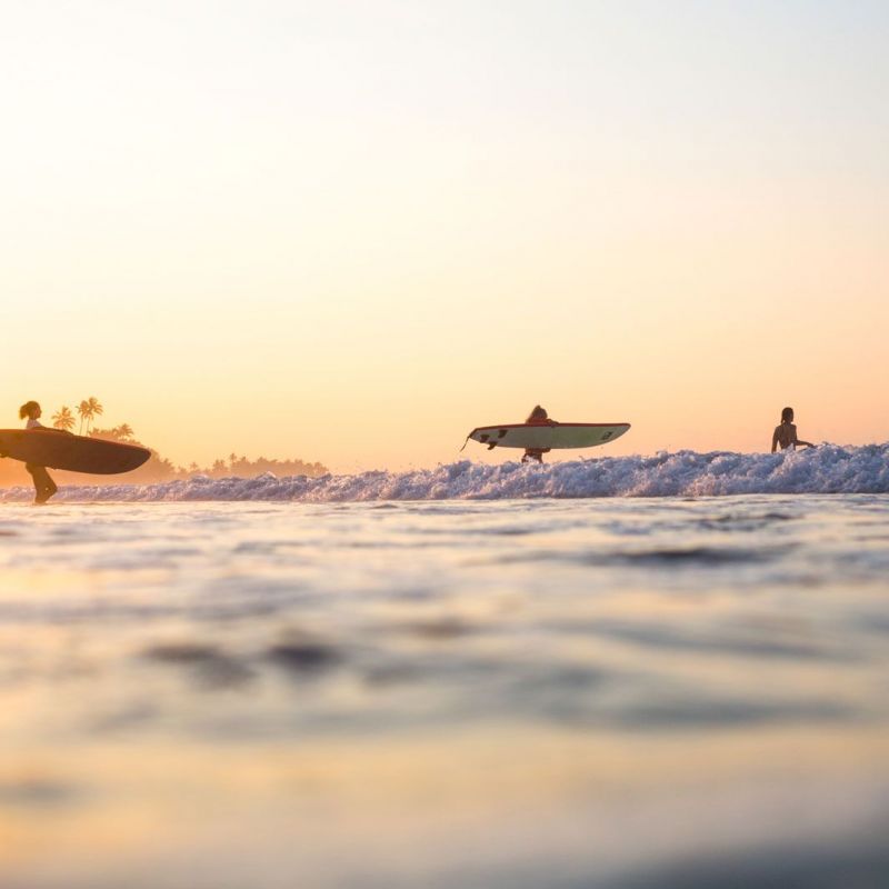 Sonnenaufgang in Sri Lanka. Meine Frau Merle bringt spontan zwei schwedischen Mdels surfen bei